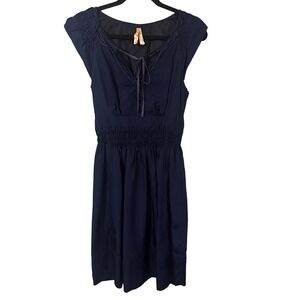 Maeve Ingrid Sapphire Navy Blue Silk Cap Sleeve Smocked Waist‎ A-Line Dress